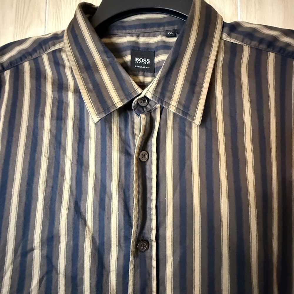 Boss Men's Navy and Beige Striped Shirt